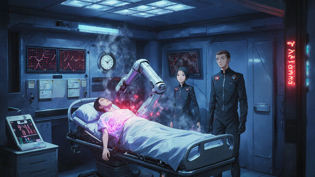 A patient in an ER being scanned by a robotic arm with holographic heart data floating above them.