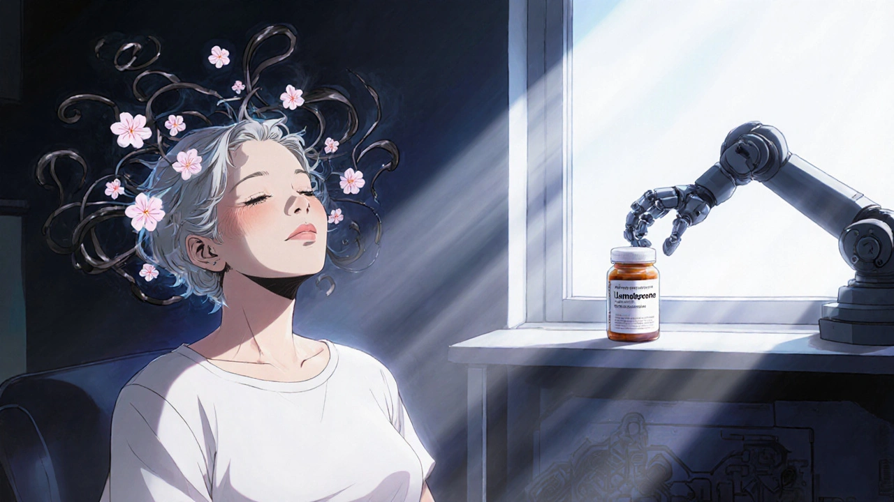 A patient moves freely as glowing serotonin receptors dissolve hallucinations, with a new safe medication on the shelf nearby.