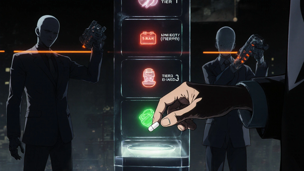 A patient receives a generic pill as a holographic pricing ladder rises behind them, with shadowy PBMs manipulating controls.