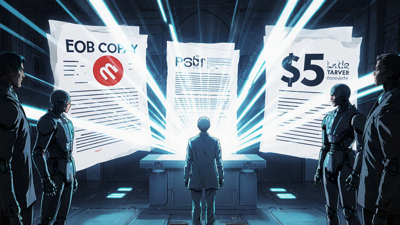 A patient stands before an AI judge, revealing a hidden copay clawback as transparency light erupts from their chest.