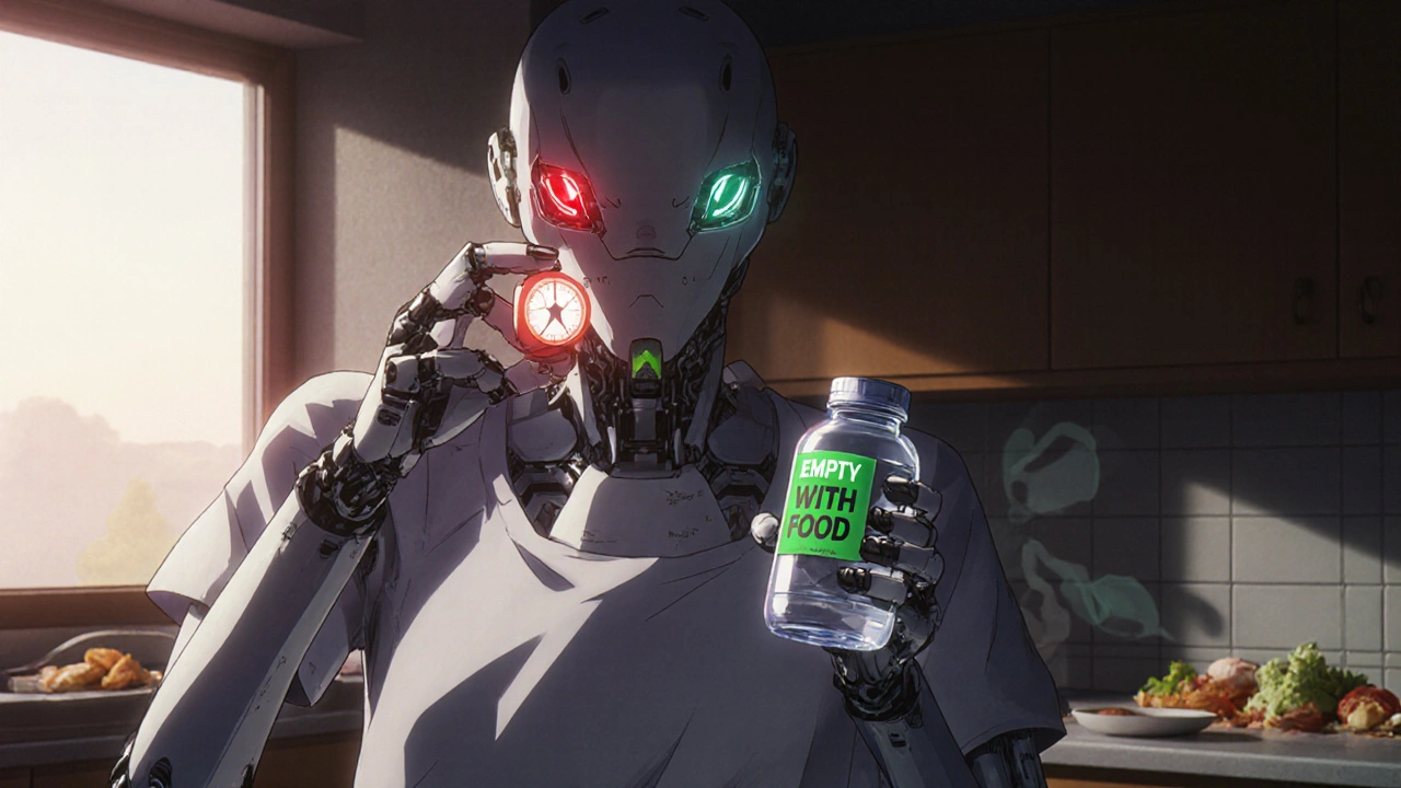 A patient takes medication at dawn with a glowing &#039;empty stomach&#039; label, food shadows fading away.