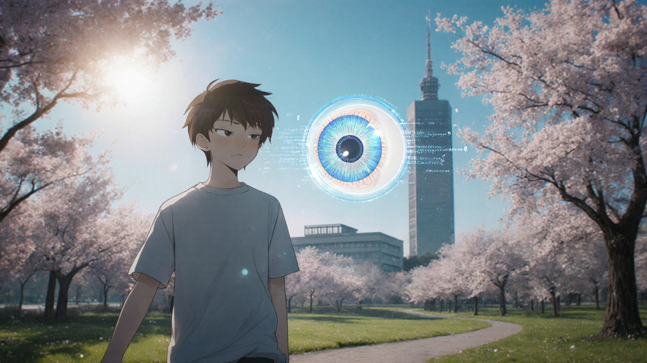 A patient walks in a park, their eye glowing softly with a stent&#039;s light, while a hologram shows stable eye pressure.