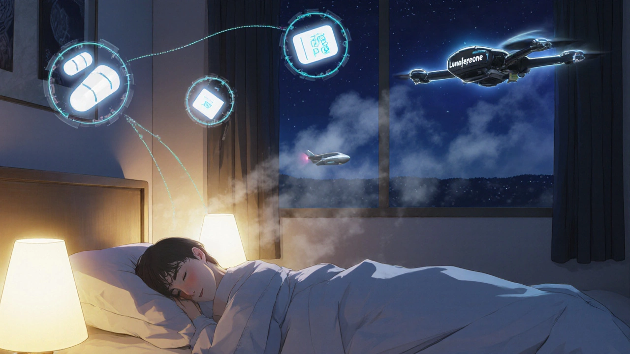 A peaceful nighttime scene with nightlights and floating medication icons dissolving, while a futuristic drug drone approaches.