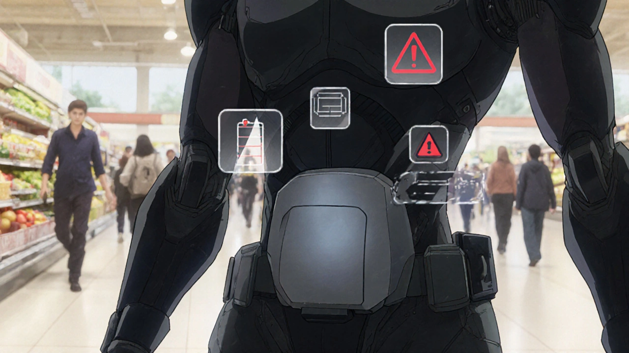 A person using a portable oxygen concentrator on a waist belt while shopping in a store.