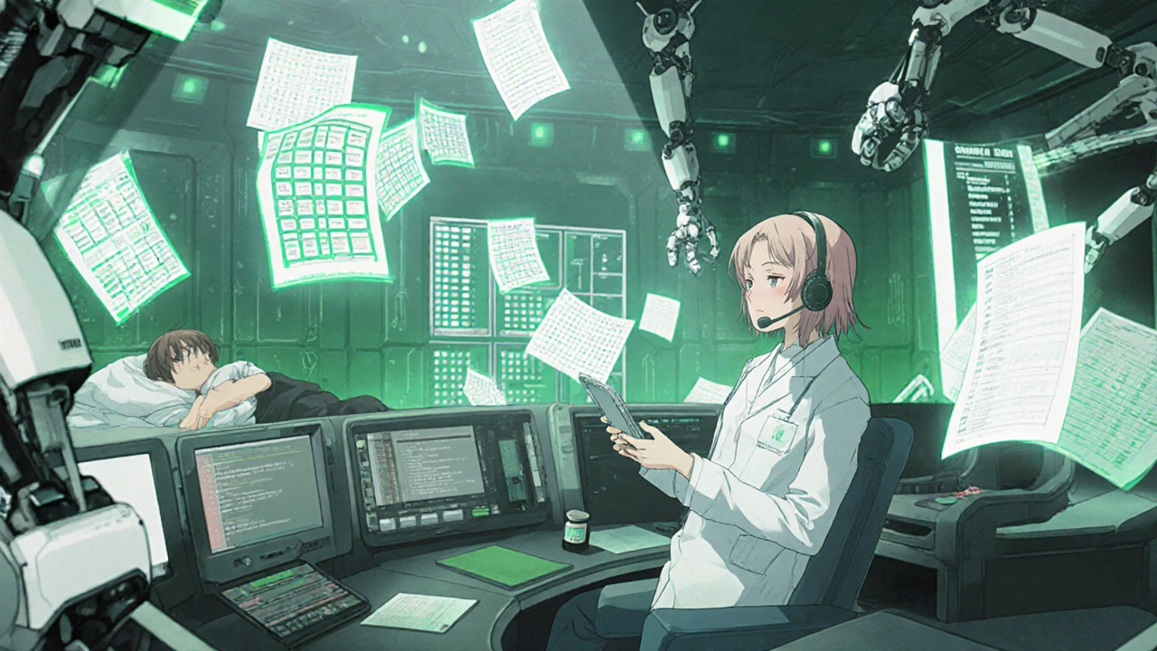 A Poison Control specialist guides a parent via headset, with medical data floating around them in a high-tech room.