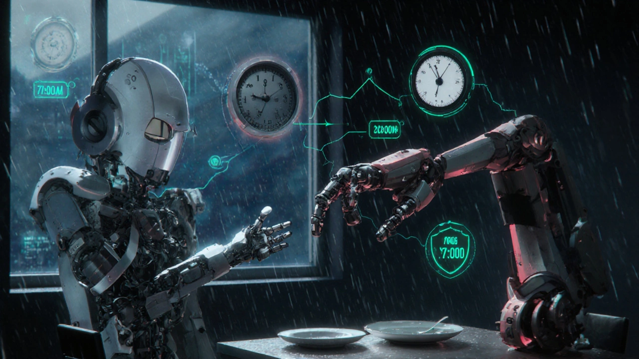 A robotic arm delivering bisphosphonate in the morning and calcium at dinner, with bone density graphs rising.