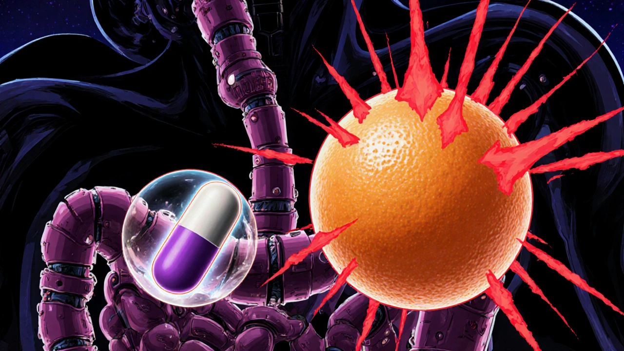 A statin pill dissolves near fat molecules while a grapefruit juice droplet threatens to cause a dangerous spike.