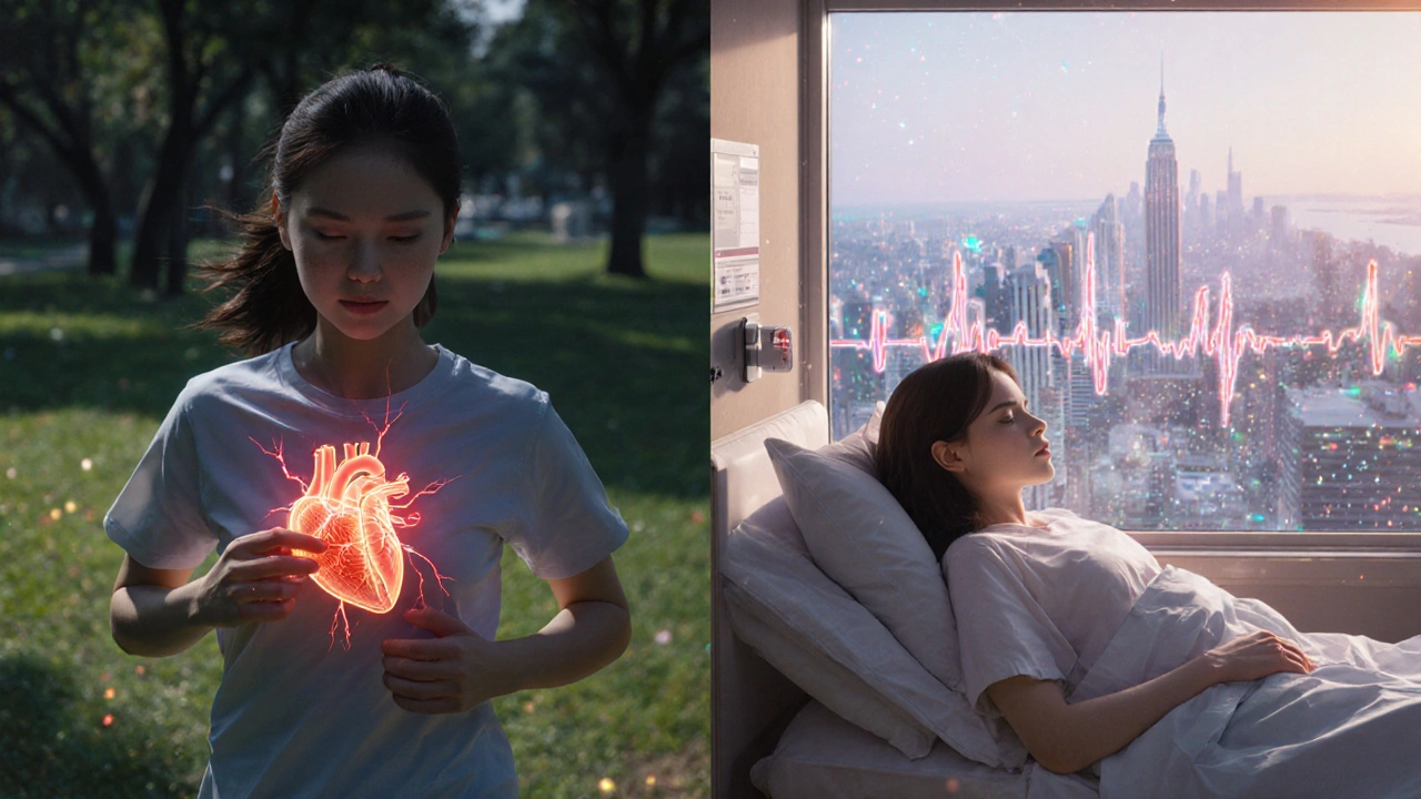 A young woman experiencing chest discomfort in a park, with a medical AI displaying blocked arteries in a hospital.