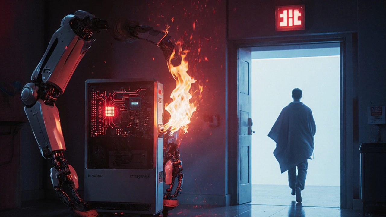 An oxygen concentrator automatically shutting down a fire with protective robotic arms.