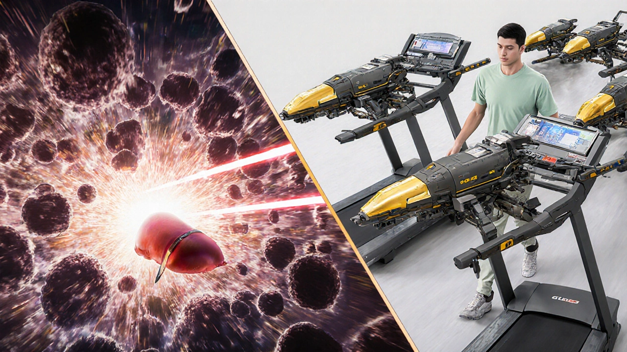 Battle inside the body: sugar molecules attacking liver cells vs. GLP-1 drones restoring balance.