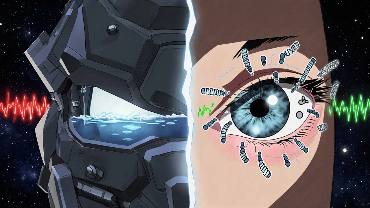 Contrasting surgical systems: a bulky bleb mechanism versus delicate glowing stents inside an eye, set against a starry backdrop.