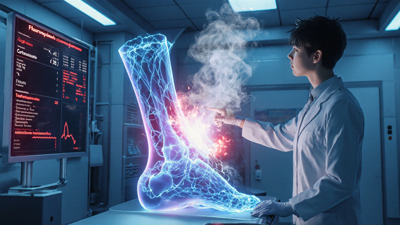 Doctor explaining tendon damage via hologram showing fluoroquinolone and corticosteroid interactions.