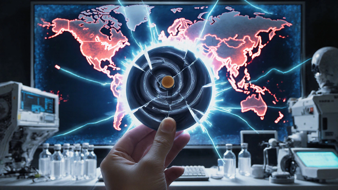 Hand holding a cracked metformin tablet revealing dangerous molecular tendrils, with global recall map in background.