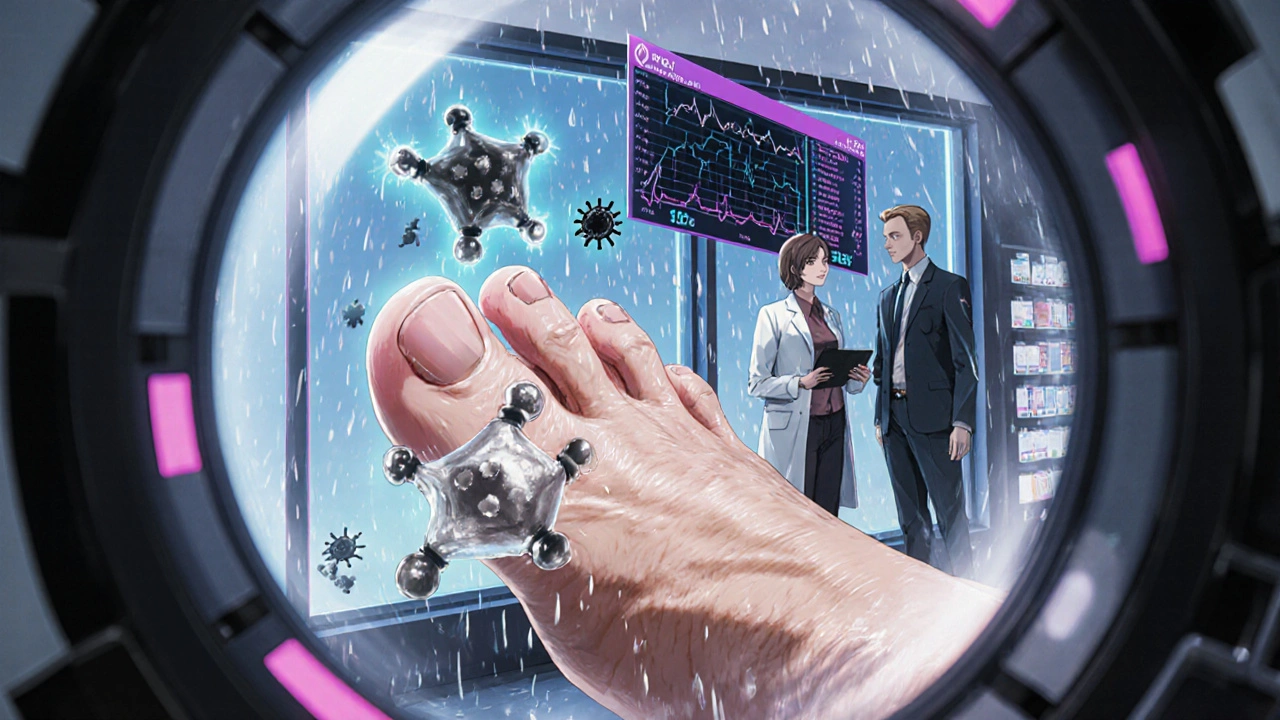 Magnified view inside an elderly person&#039;s nail bed showing itraconazole molecules fighting fungal cells.