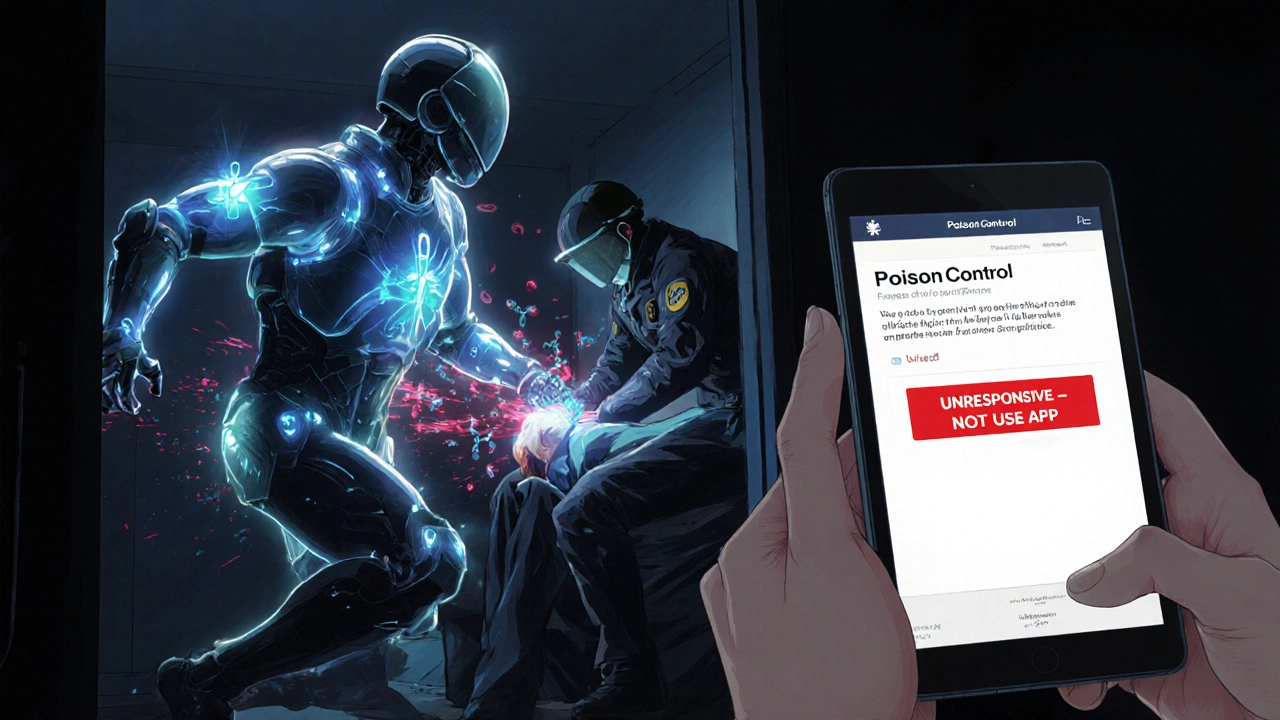 Paramedics administer naloxone to an overdosing patient, with a glowing warning on a tablet: &#039;UNRESPONSIVE — DO NOT USE APP&#039;.