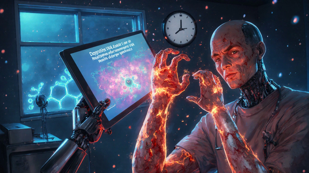 Patient in ER with blistered skin, doctor showing molecular diagram of antibiotic and UV reaction.