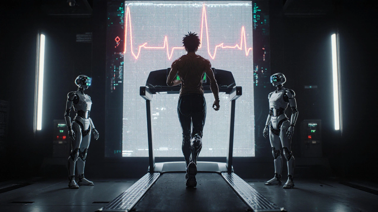 Person exercising on a treadmill while a digital ECG graph rises behind them with stress indicators flashing.