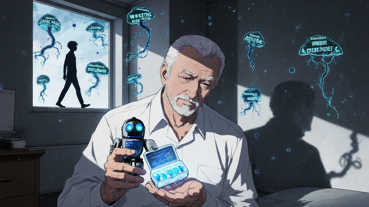Senior man holding a robot-shaped pill organizer, surrounded by digital warnings of drug interactions.