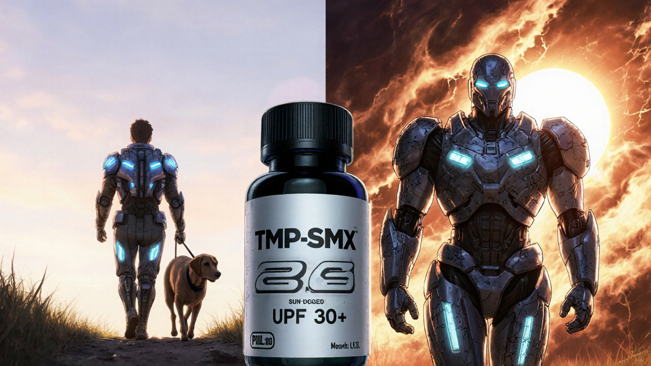 Split scene: safe morning walk with protective gear vs. severe sun damage from afternoon exposure.