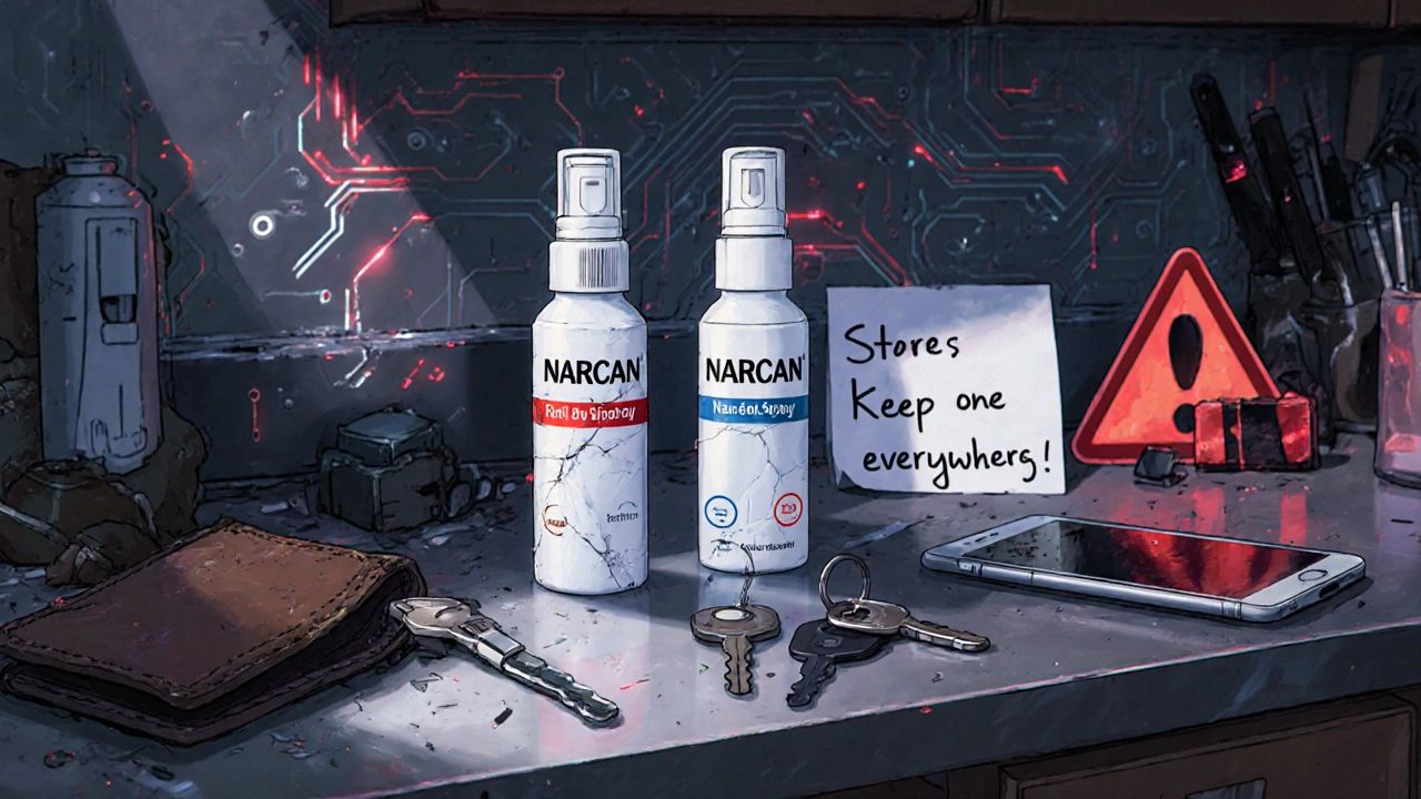 Two naloxone nasal sprays on a counter with phone, keys, and a note saying &#039;Keep one everywhere&#039;.