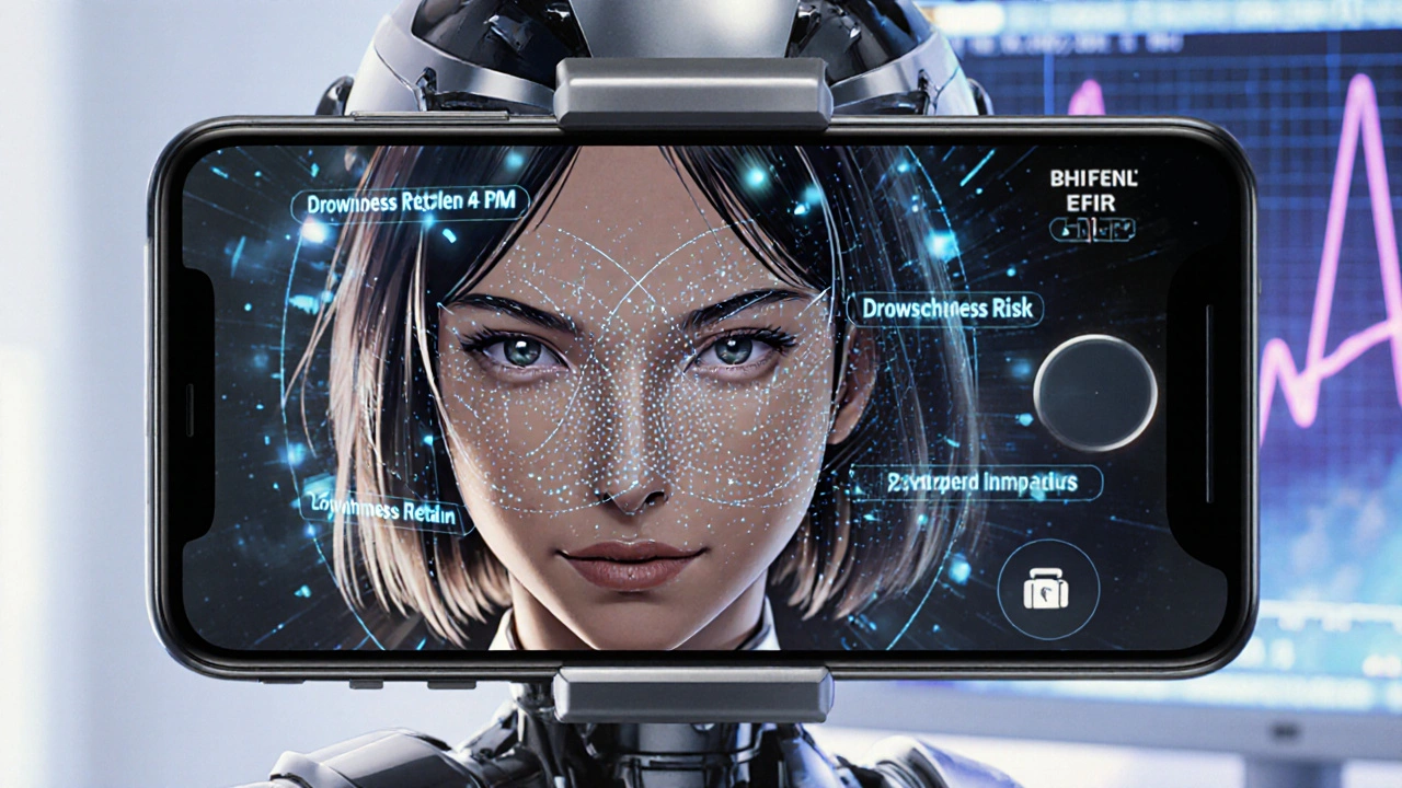 Woman&#039;s face analyzed by AI with digital overlays tracking drowsiness signs from medication.