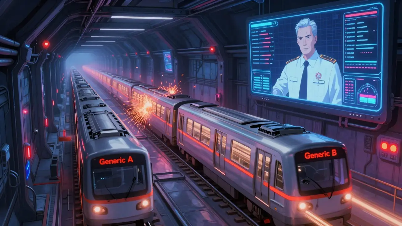 A bloodstream subway with robotic trains labeled generics, monitored by an FDA AI conductor.