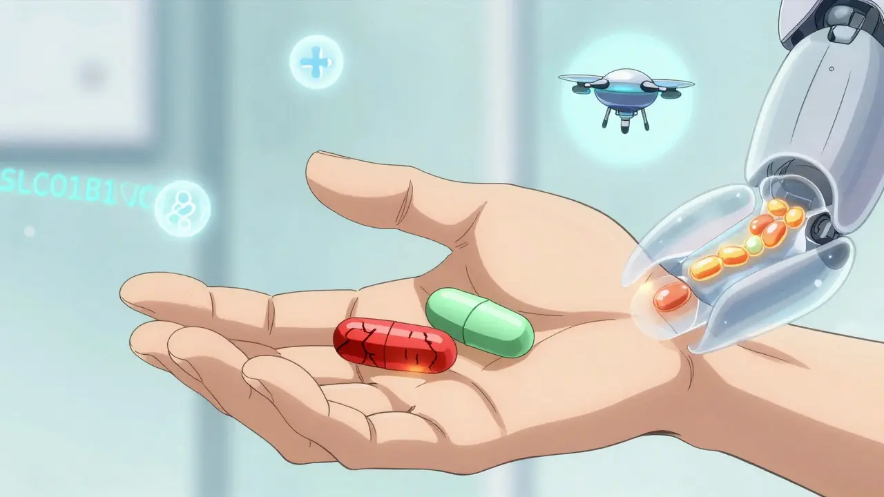 A hand holding two statin tablets, one harmful and one safe, with coenzyme Q10 drones repairing muscle tissue.