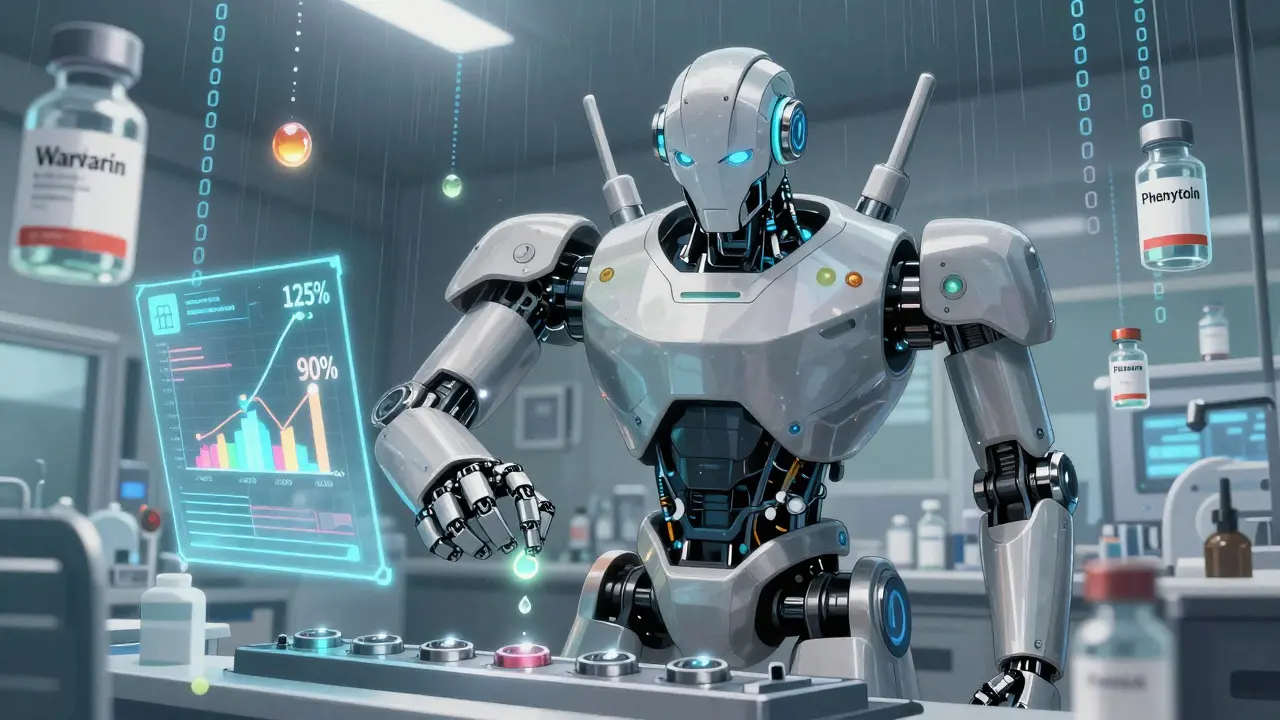 A mechanical pharmacist adjusting glowing medicine droplets with precise bioequivalence values.