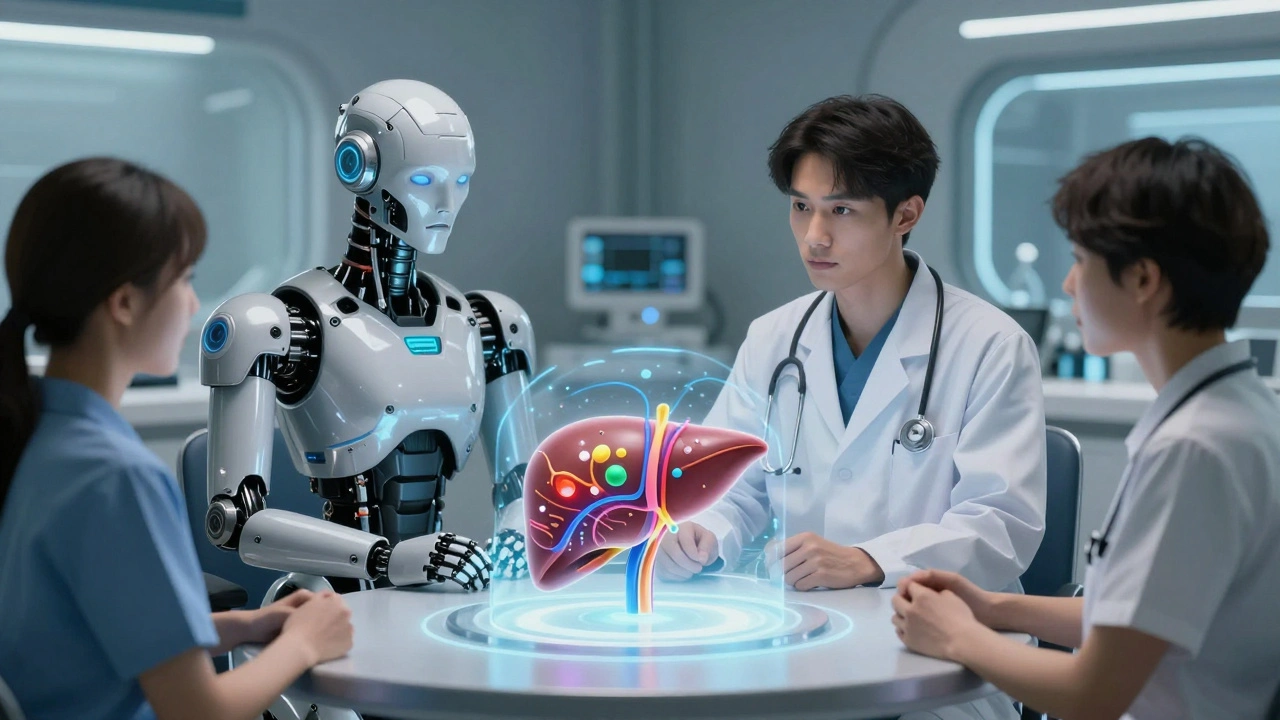 A medical team reviews a 3D liver model showing drug metabolism pathways in a high-tech room.