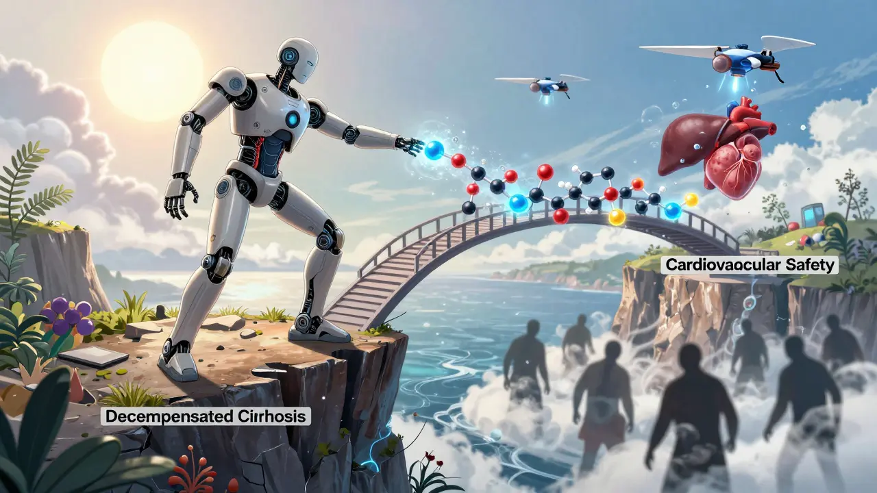 A patient crossing a molecular bridge from liver failure to heart safety, with statin drones repairing organs.