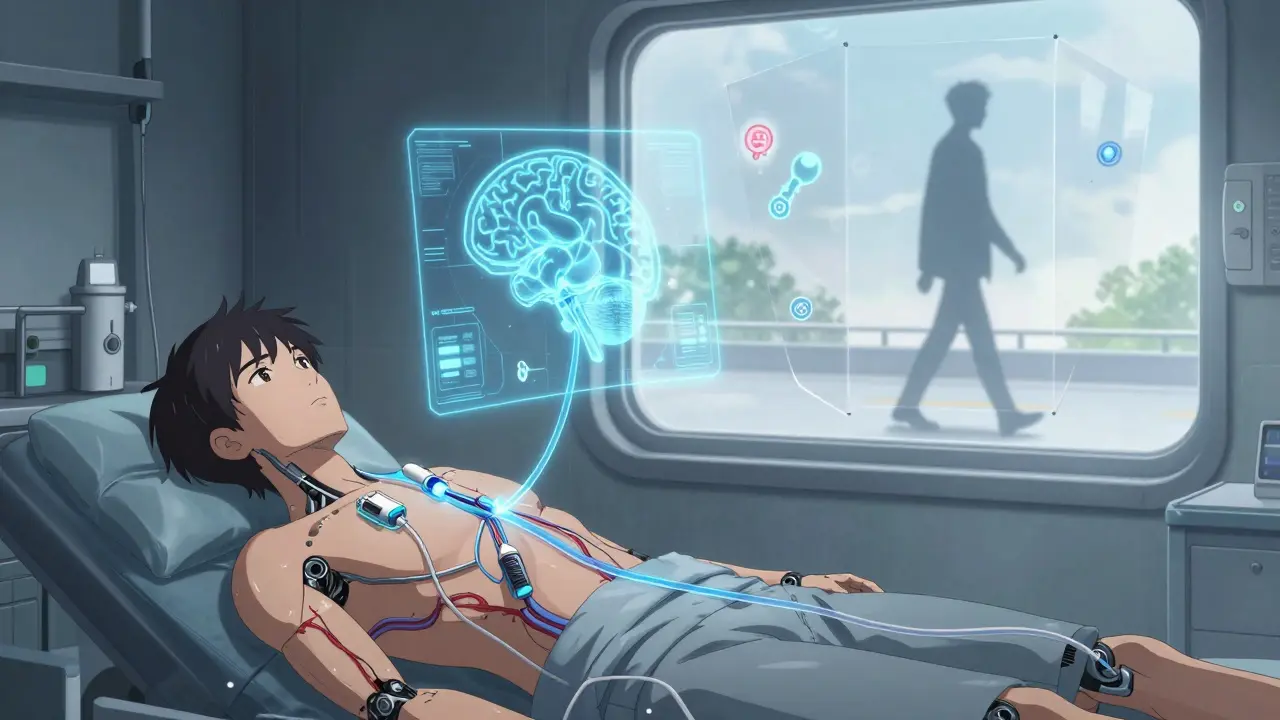 A patient receiving dopamine infusion via a pump, holographic brain activity glowing as they walk in sunlight.
