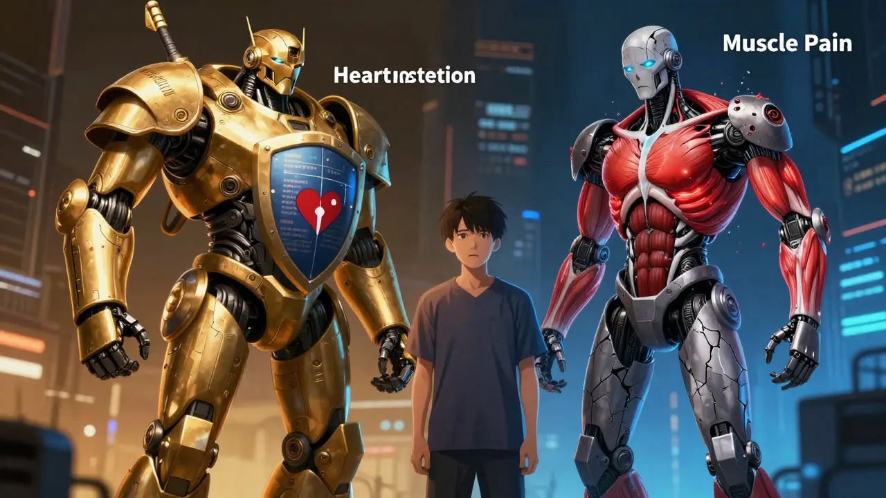 A person caught between a warrior symbolizing heart protection and a damaged robot representing muscle pain.