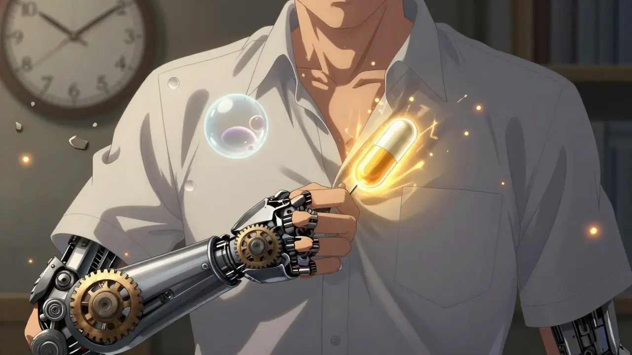 A person struggling to button a shirt as mechanical gears lock their muscles, a glowing dopamine pill nearby.