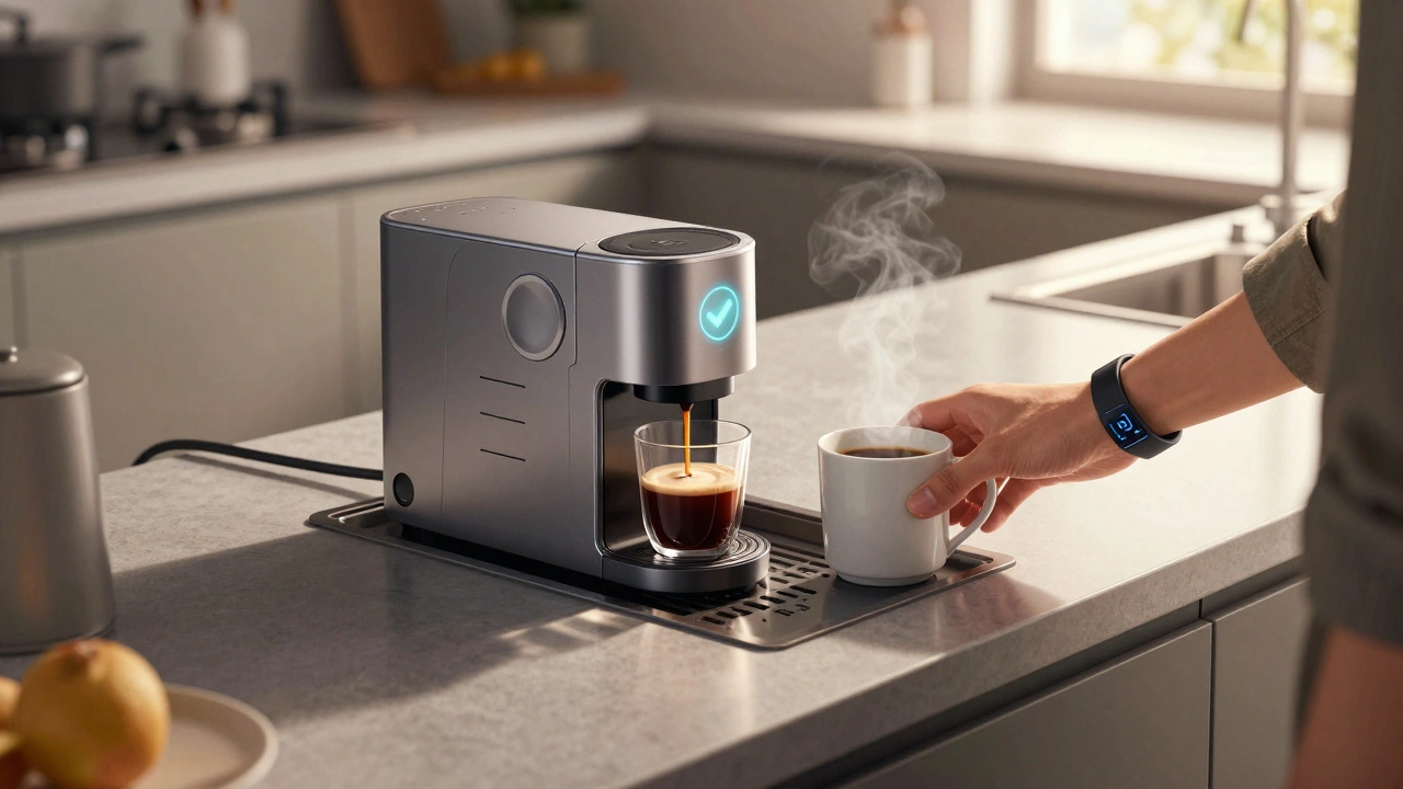 A person taking medication from a built-in countertop dispenser while brewing coffee in a sunlit kitchen.