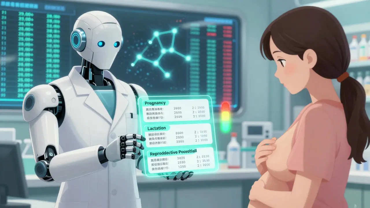 A pharmacist shows a breastfeeding mother an animated drug label with lactation risk data and traffic-light indicators.