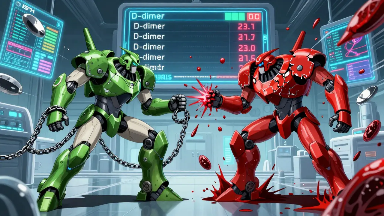 A robotic battle between a drug and DIC syndrome, with floating lab values and shattered fibrinogen shards in a cyberpunk hospital.