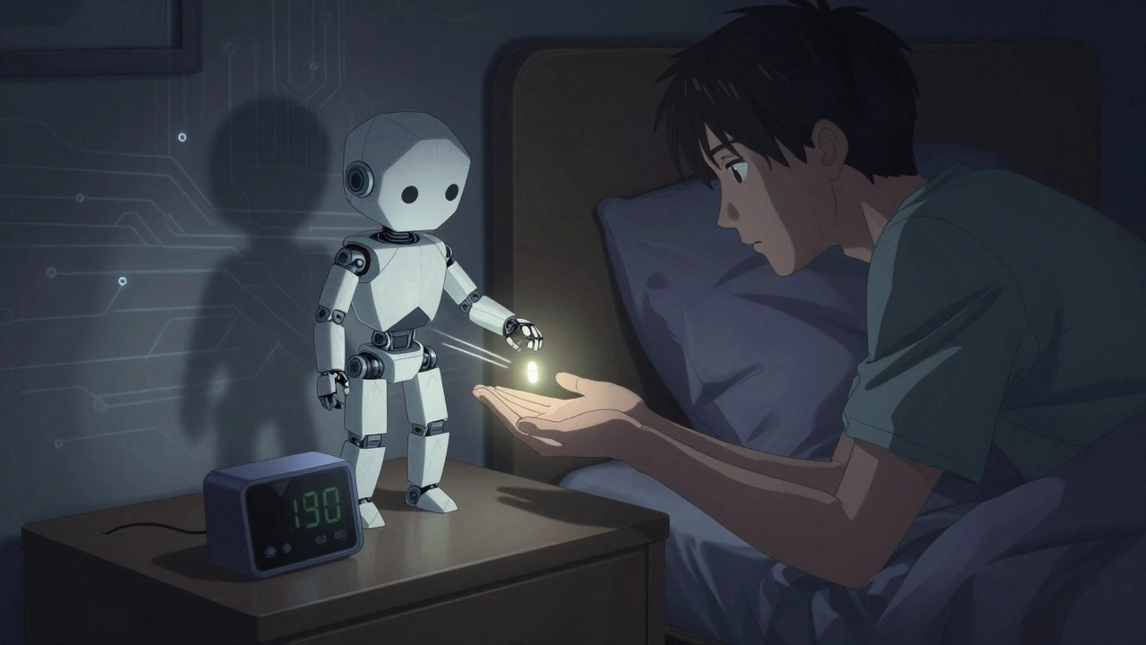 A robotic guardian releases a glowing pill into a hand as someone turns off an alarm at night.