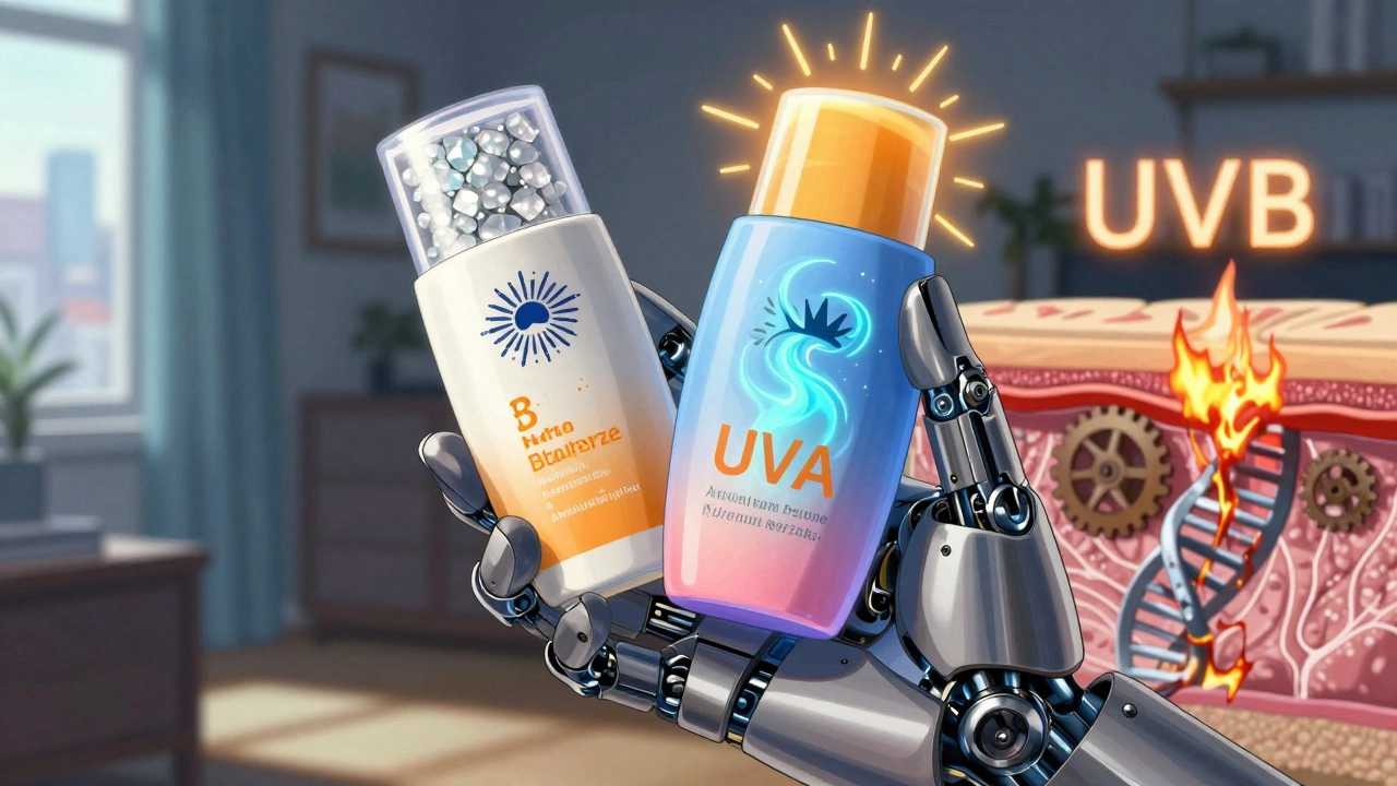 A robotic hand holds two sunscreen types while revealing UVA and UVB damage to skin layers.