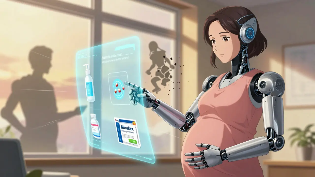 A robotic healthcare guide shows safe pregnancy remedies through a holographic interface to a expectant mother.
