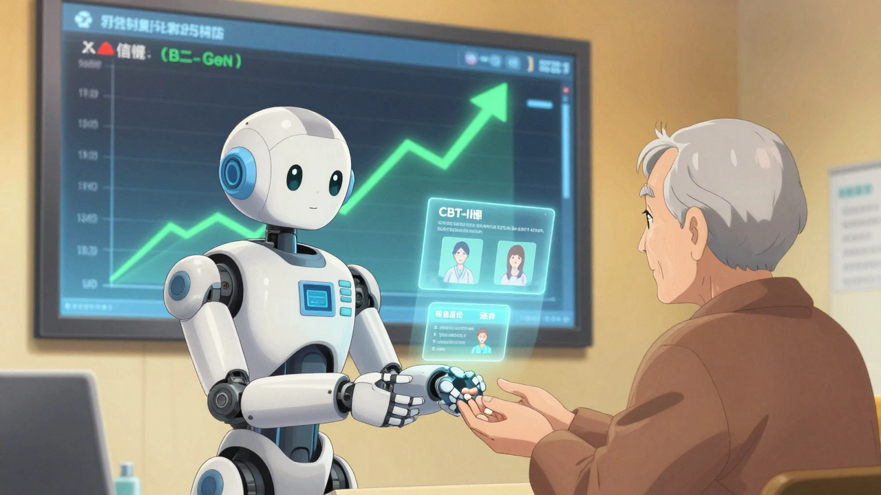 A robotic pharmacist hands a senior a safe antihistamine while holograms of healthy sleep habits glow in the background.