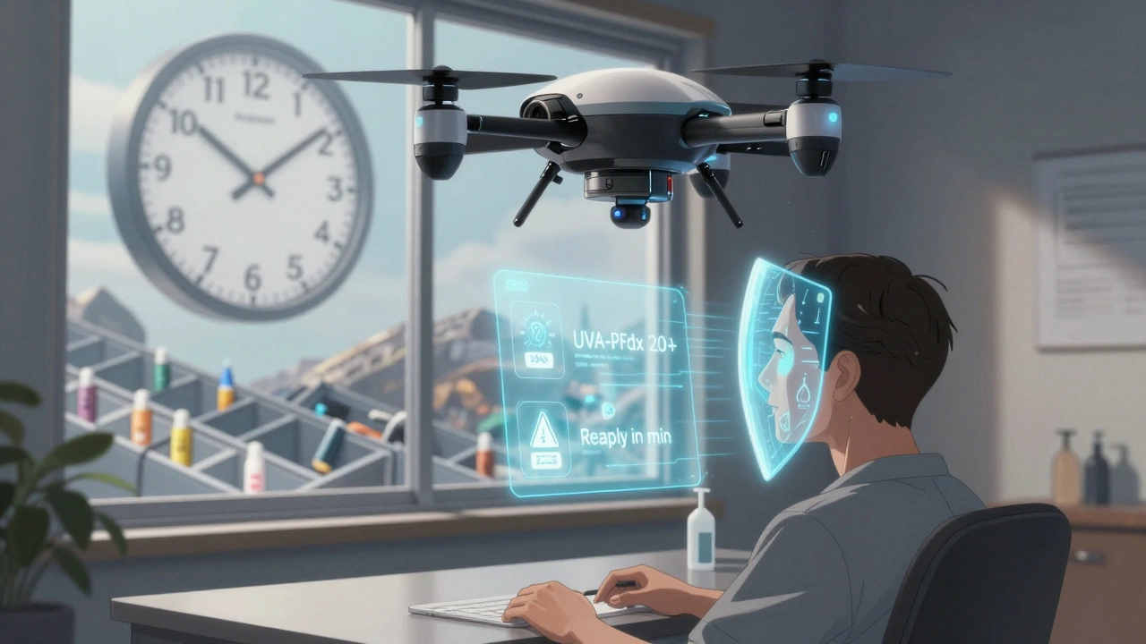 A skincare drone projects a broad-spectrum shield over a person by a sunlit window.