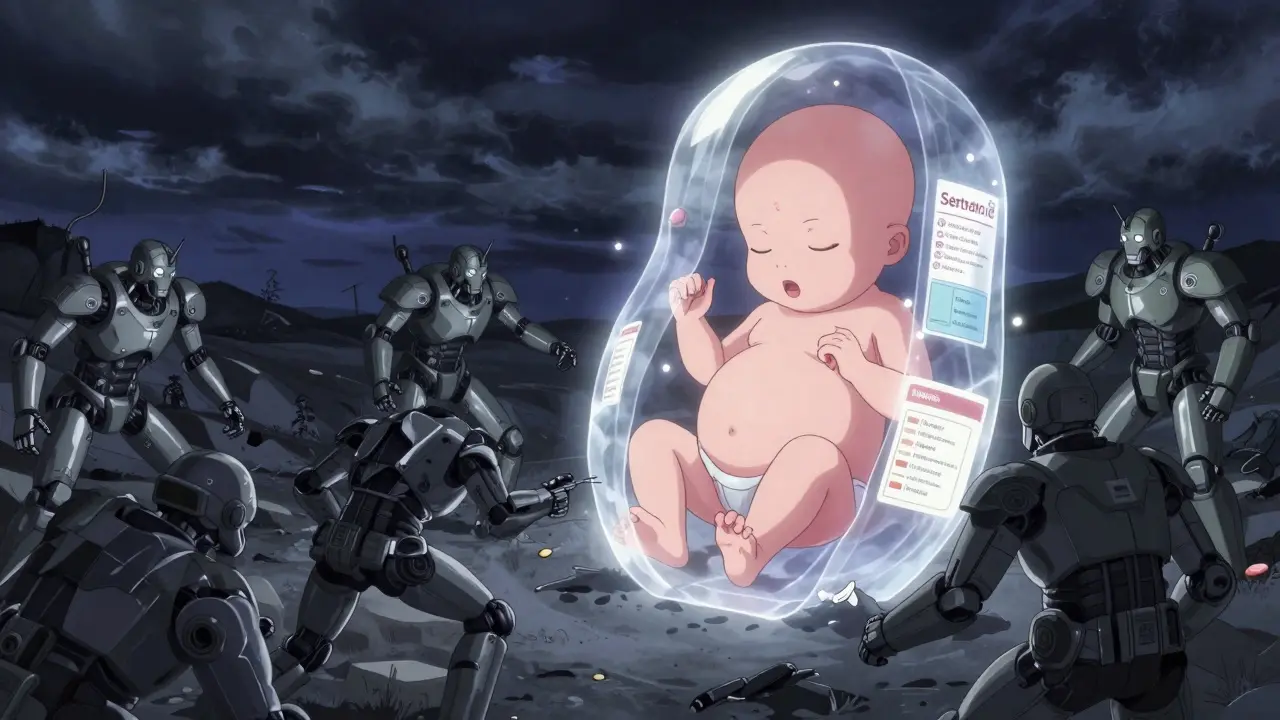 A symbolic battle inside the body protects a glowing fetus with safe treatments against harmful medications.