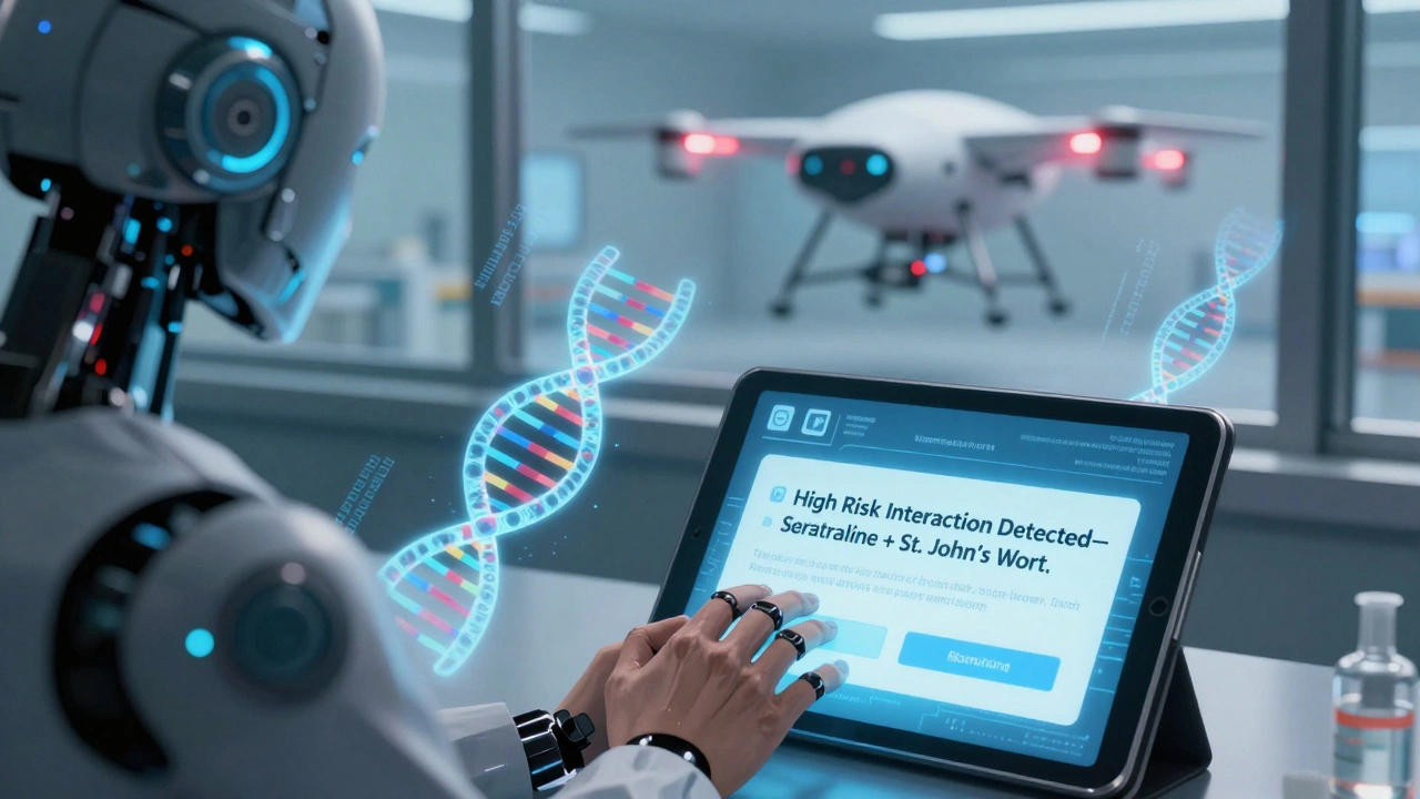 A trembling hand views a drug interaction warning with holographic DNA and pharmacogenetic code.