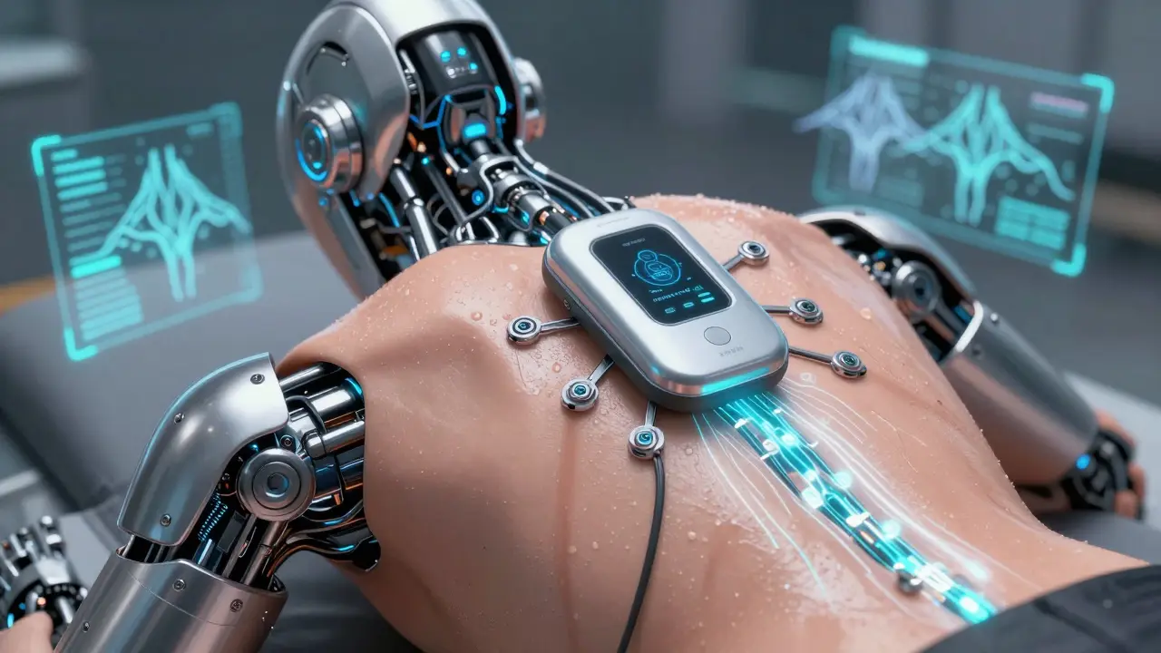 AI-powered TENS device activating with neural data streams wrapping around a spine in cybernetic anime style.