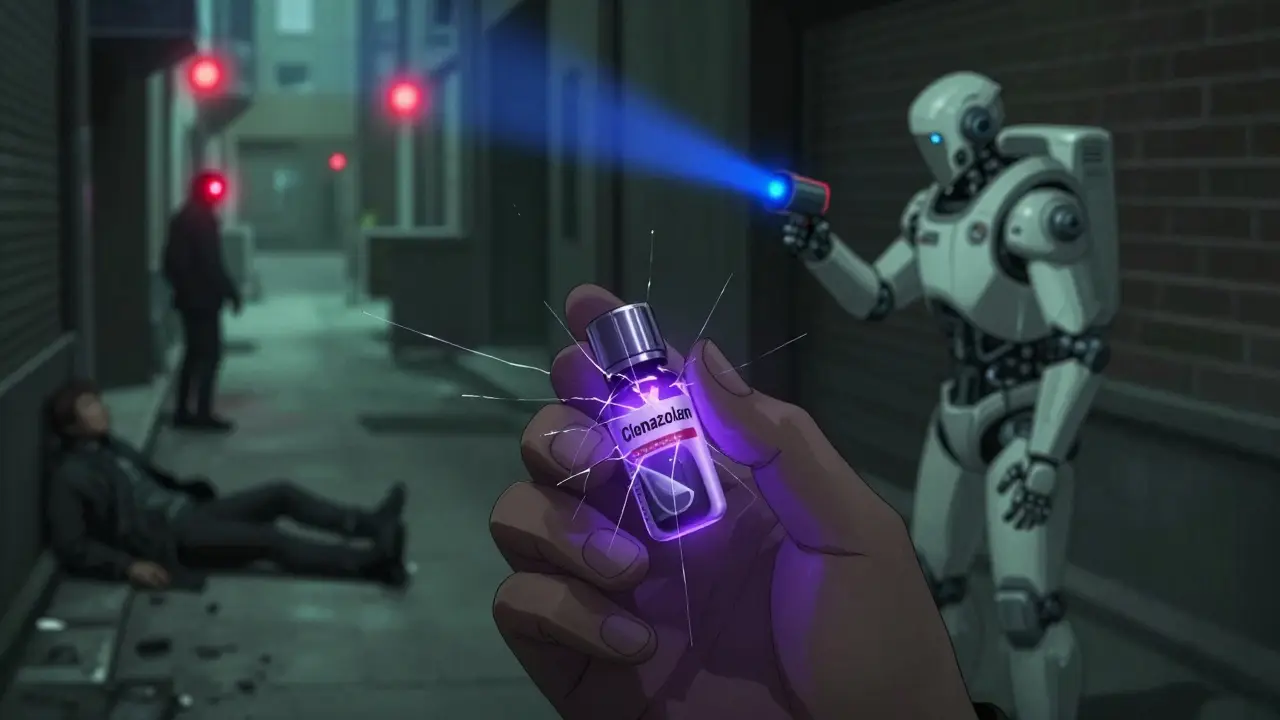 An illicit clonazolam pill glowing with dangerous energy, set against a dark cityscape with emergency responders scanning for toxins.