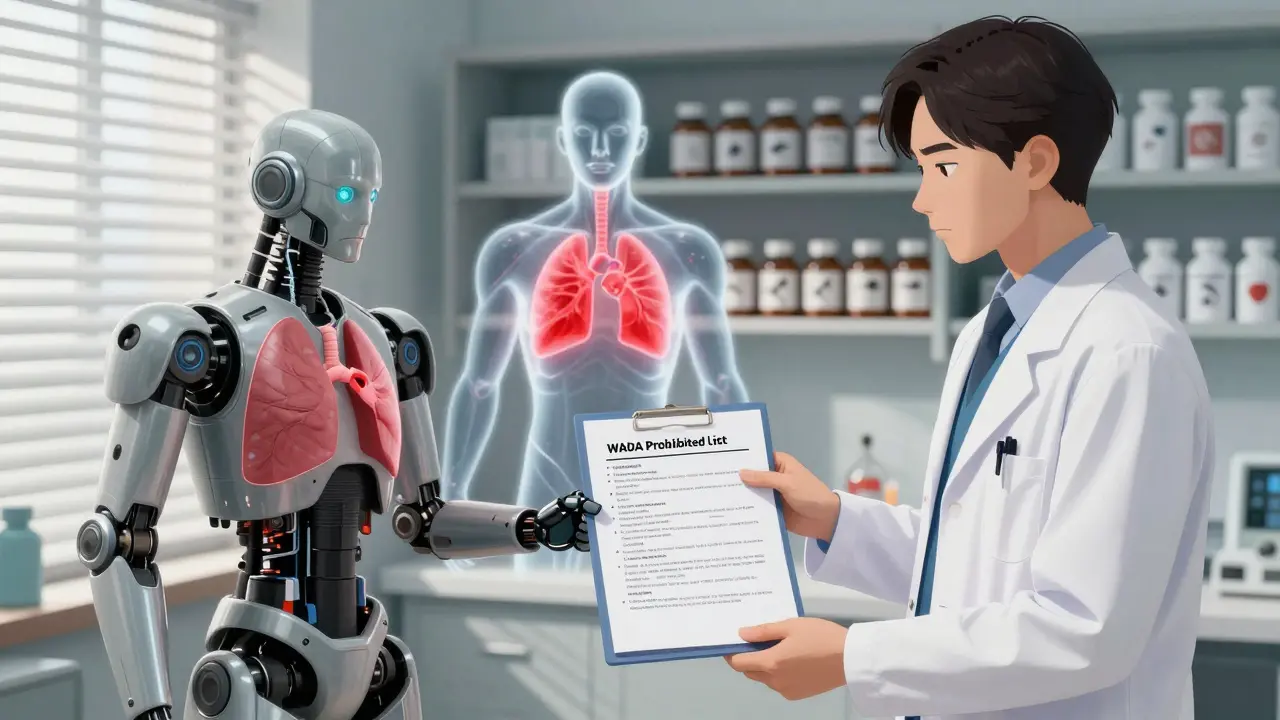 Athlete explaining banned substances to a doctor in a clinic with holographic health warnings.