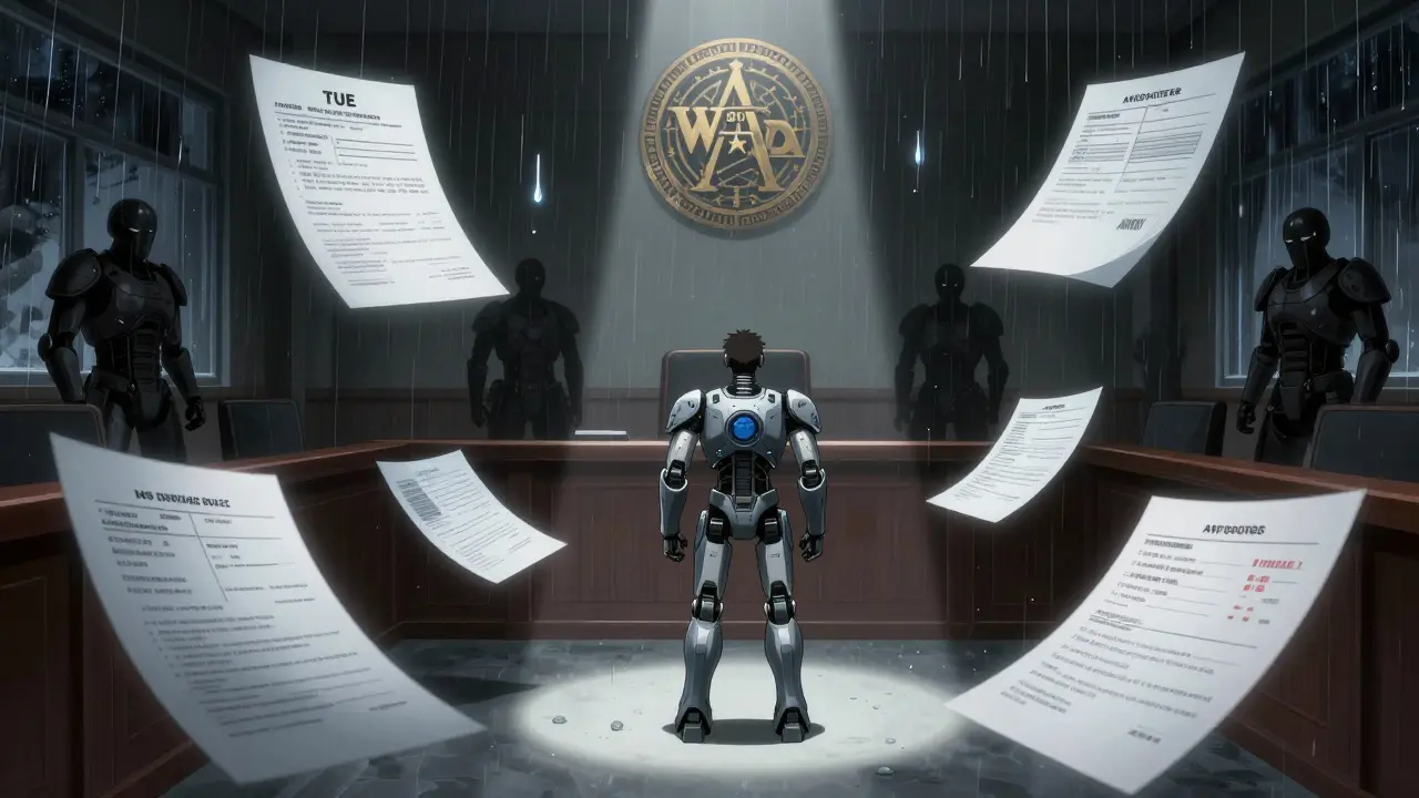 Athlete facing anti-doping hearing with floating TUE documents and glowing WADA emblem.