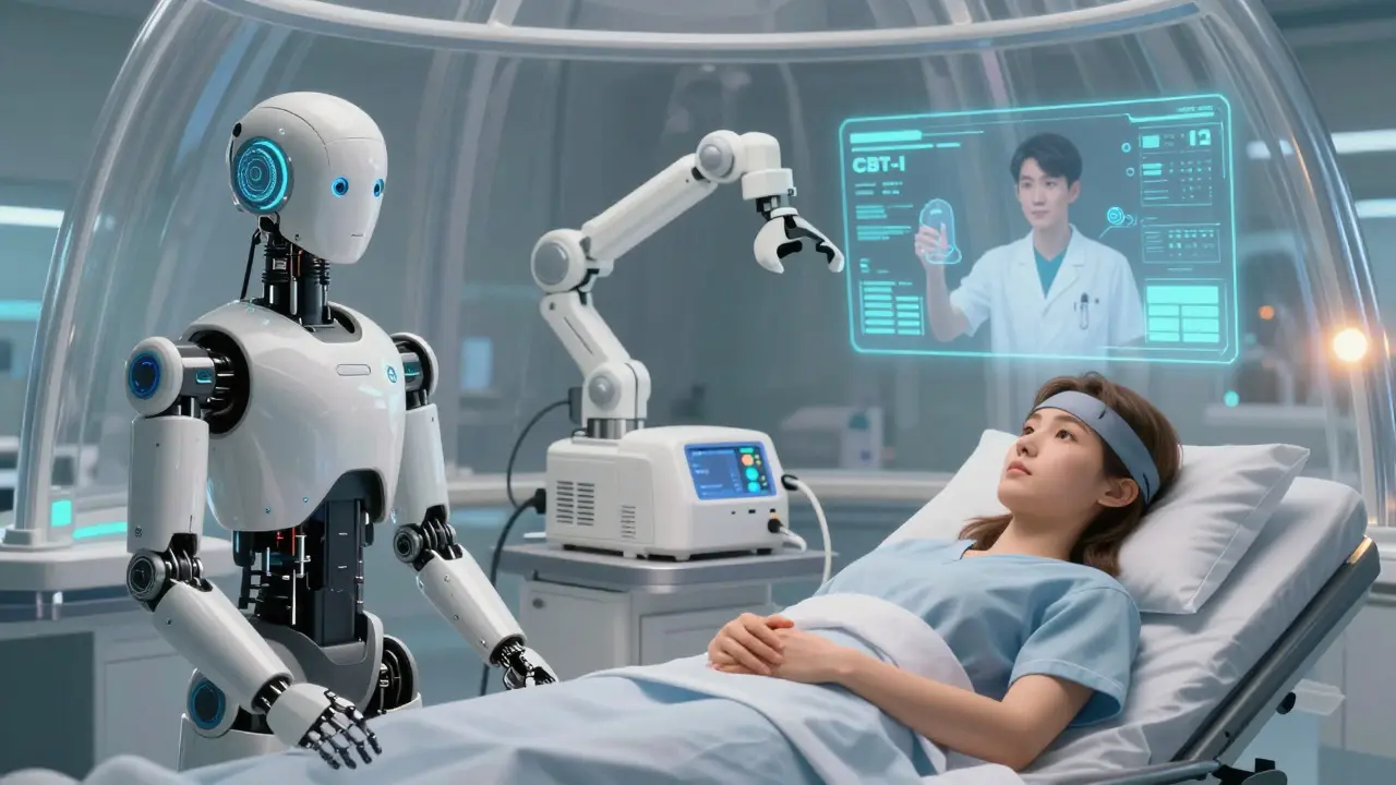 Clinician and patient in high-tech sleep clinic with holographic coaching and synced biometric data.