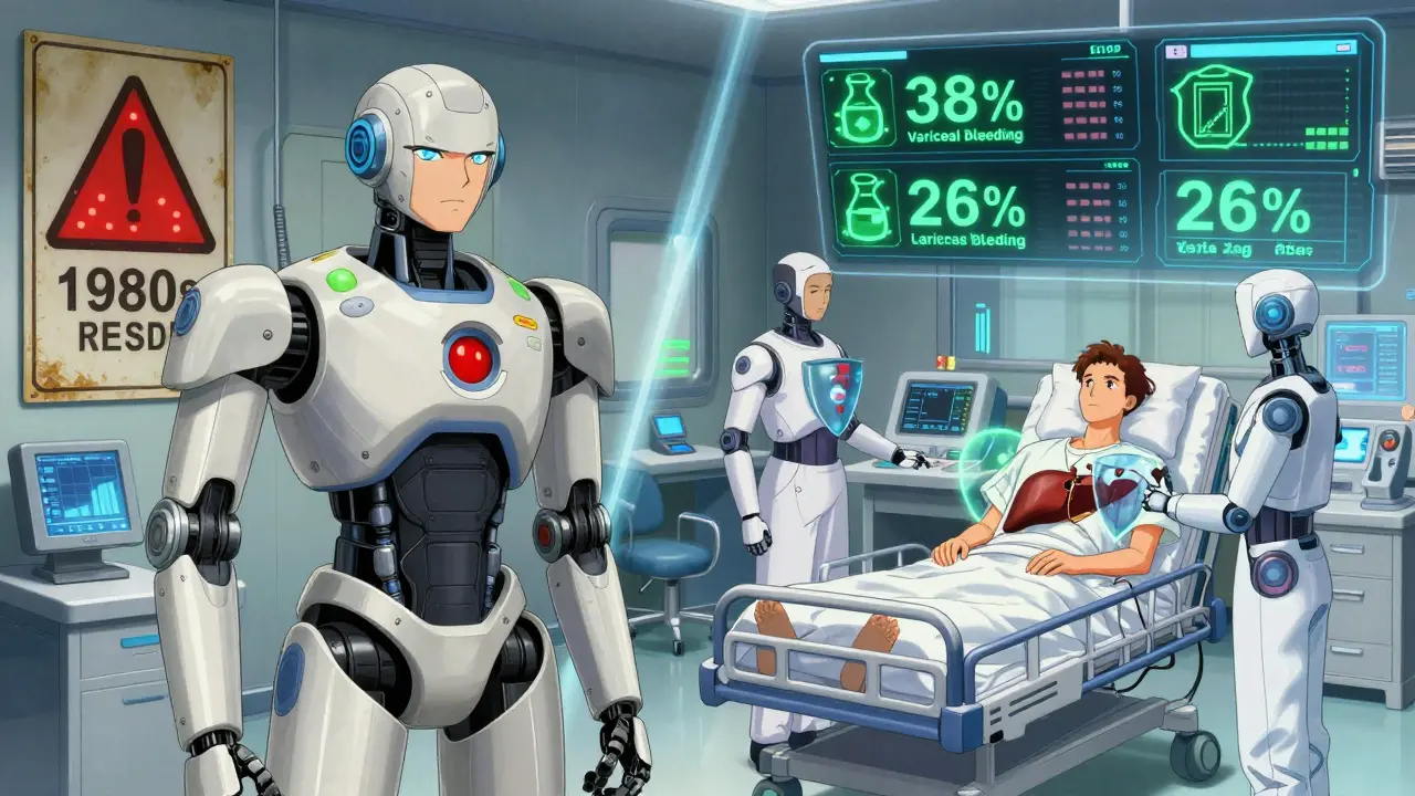 Contrasting old medical warnings with futuristic health data panels glowing in neon tones.