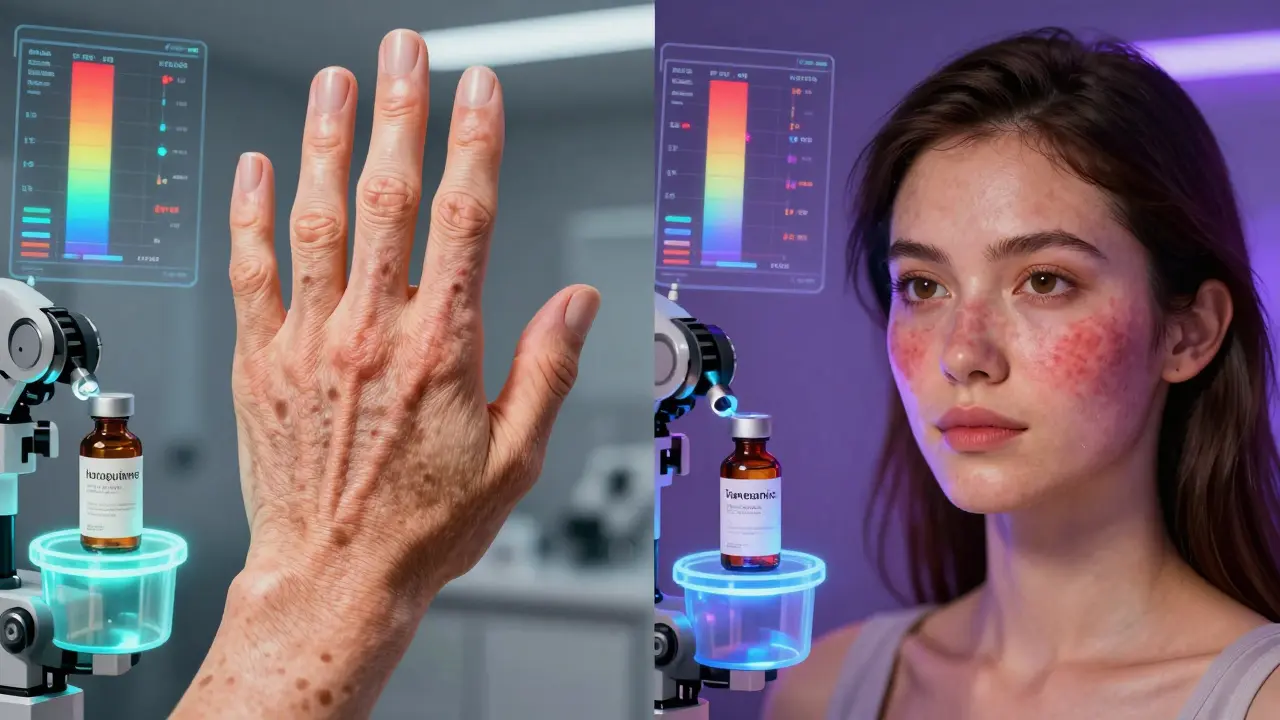 Contrasting skin conditions: sun spots and melasma illuminated by different light spectra in a high-tech lab